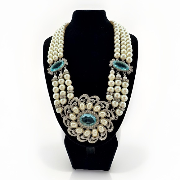 1928 Jewelry - VTG 1928 Faux Pearl 3 Strand Choker Necklace Blue Clear Stones LRG Pendant